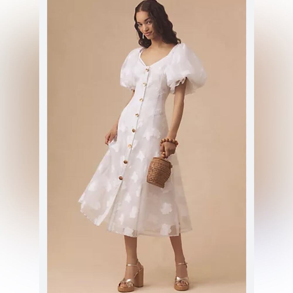 Anthropologie Let Me Be Puff-Sleeve Sheer Midi Dress Size Medium NWT